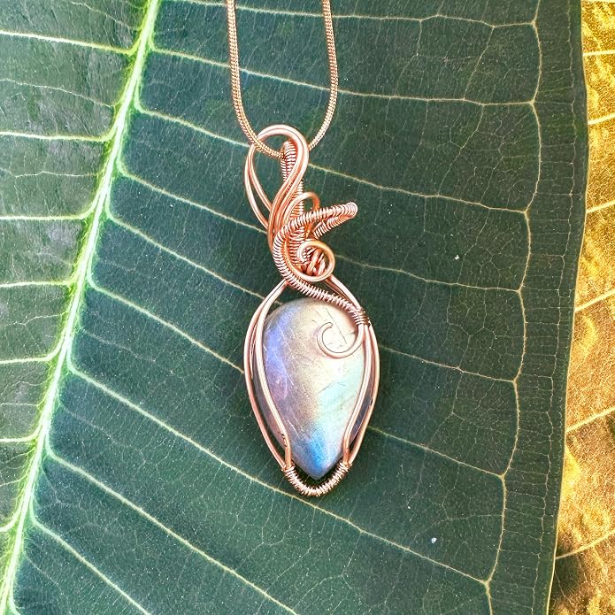 Handmade Wrapped Labradorite Crystal Pendant Necklace - Dainty Charm Copper Wired Necklace, Healing Crystals and Gemstones, Vintage Jewelry for Women, Men's Necklace, Boho Black Stone Protection Birthstone Jewelry