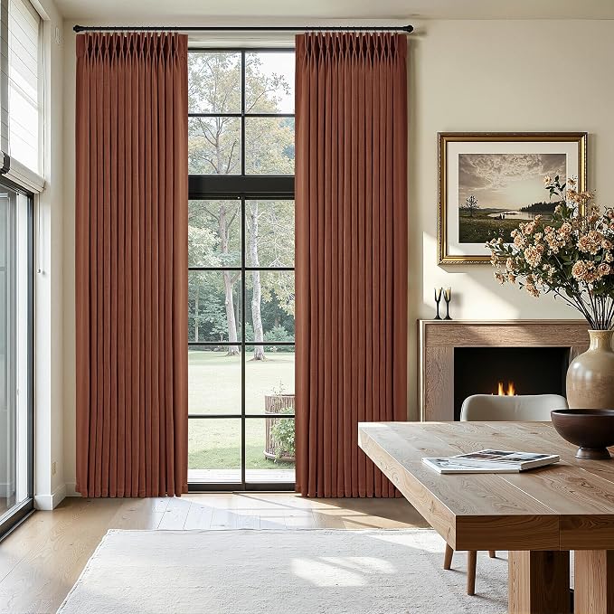 Terracotta Burnt Orange Thick Linen Curtains Pinch Pleated 90 Inch Length 2 Panels for Living Room Bedroom Semi Sheer Light Filtering Heavy Linen Drapes