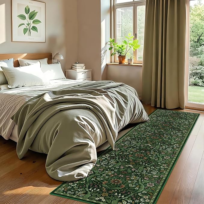 2x8 Washable Runner Rug,Dark Green Floral Boho Area Rug for Hallway,Low-Pile Non-Slip Stain Resistant Carpet for Kitchen, Bedside,Laundry Room,Entryway