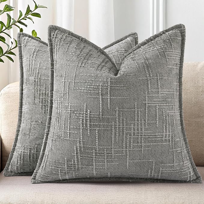decorUhome Chenille Decorative Throw Pillow Covers 20x20 Set of 2,Grey | Soft Texture, Slubby Modern Design, Flange Edges, Cozy Accent Pillow Covers for Couch, Sofa, Bed, Living Room