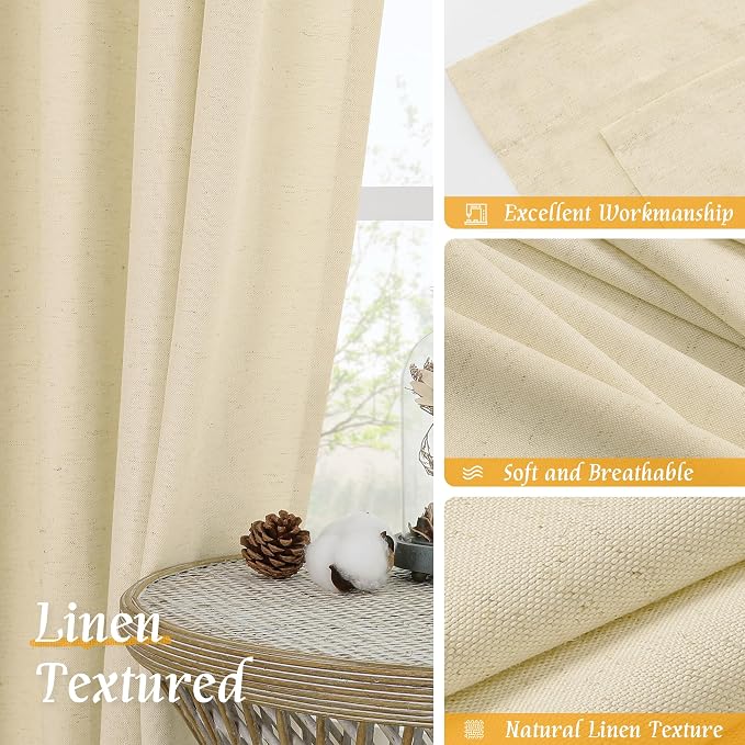 LAMIT Beige Linen Window Curtains 72 Inch Length 2 Panels, Thick Linen Textured Light Filtering Rod Pocket Burlap Boho Neutral Privacy Drapes for Bedroom/Living Room, Beige, 52 x 72 Inch