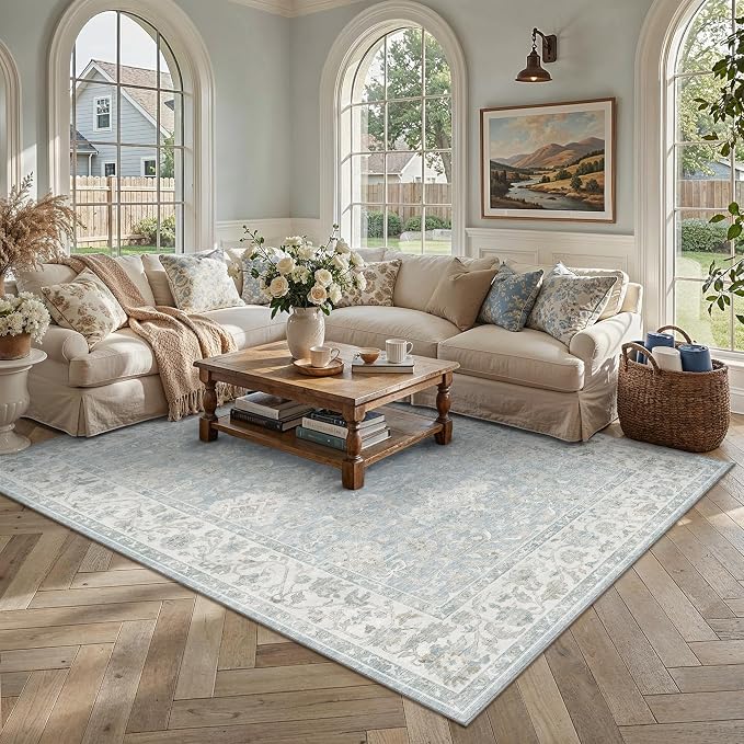 5x7 Blue Washable Area Rug Non Slip Vintage Carpet | Soft Low Pile, Lightweight Foldable, Pet Friendly, Living Room, Bedroom, Dining Room, Classroom, Playroom
