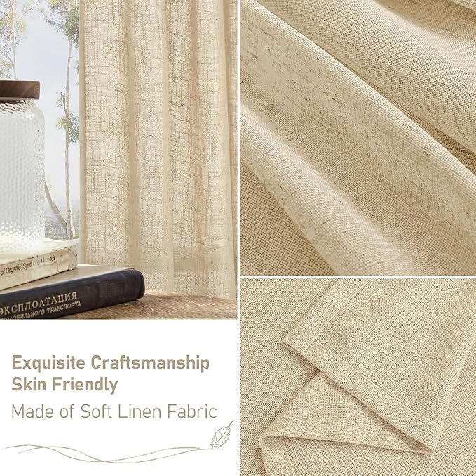 LAMIT Semi Sheer Linen Curtains 60 Inch, Light Filtering Neutral Window Panels Farmhouse Boho Back Tab and Rod Pocket Drapes for Bedroom, Linen, 2 Panels, 52 x 60 Inch