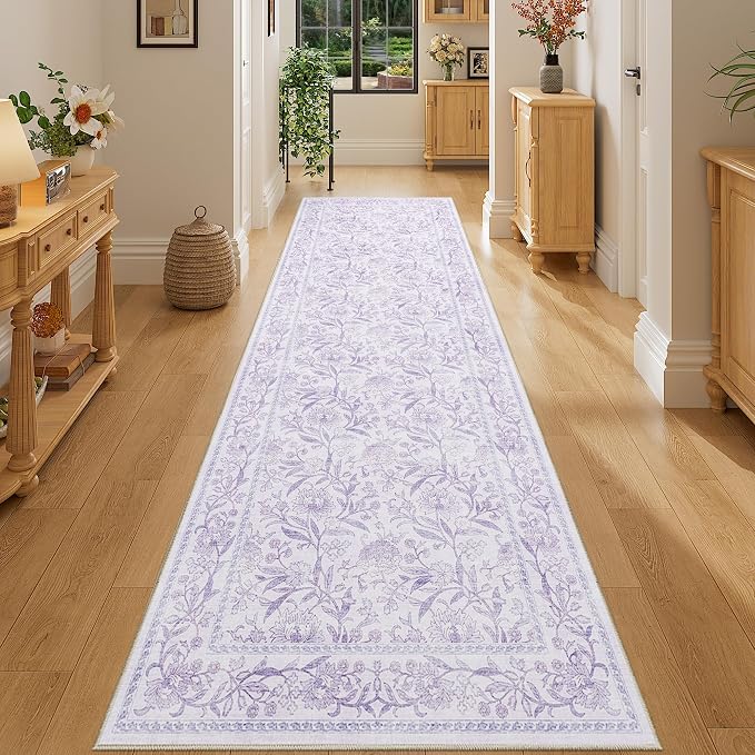 DUKINO 2.6x8 Runner Rug, Washable Vintage Floral Kitchen Runners Rug Purple | Non Slip, Low Pile, Non-Shedding Soft Carpet for Hallway Bathroom Laundry Entryway Bedroom Farmhouse, Kids and Pets Friendly