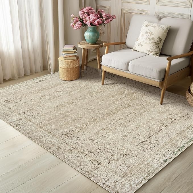 BILEEHOME Modern Farmhouse Area Rug 5 x7 Washable Floral Earth Tone Neutral Boho Nursery Rug 5x7 for Baby Boy Bedroom,Tan Brown and Cream Beige
