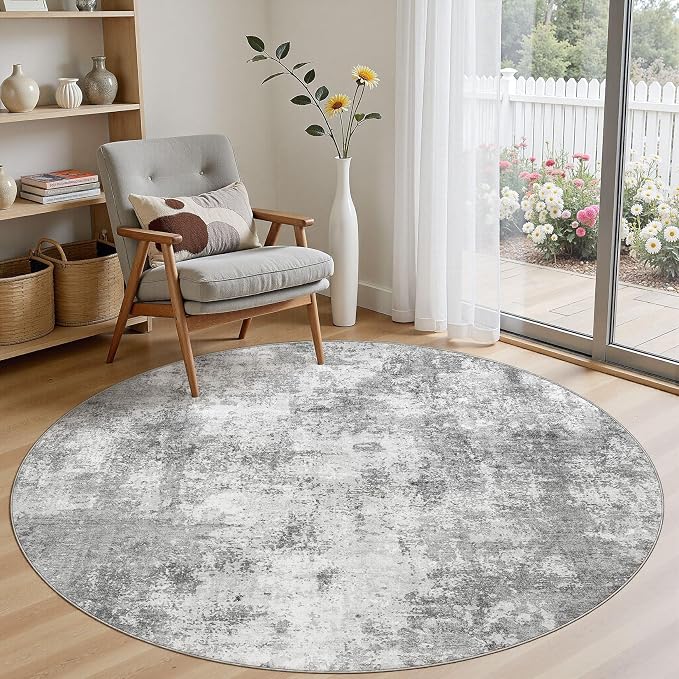 6Ft Round Area Rug for Living Room, 6x6 Washable Rugs Non-Slip Soft Large Modern Abstract Pattern Low Pile Carpet for Bedroom Indoor Floor Nursery Home Decor - Grey