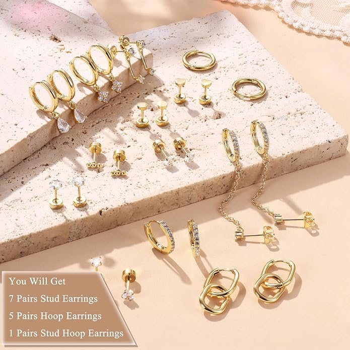 MILACOLATO 13 Pairs Silver Earrings Set for Women - 14K Gold Plated Cartilage Studs Huggie Hoop Earring Stacks for Multiple Piercing Hypoallergenic Surgical Stainless Steel Flat Back Earrings for Sensitive Ears