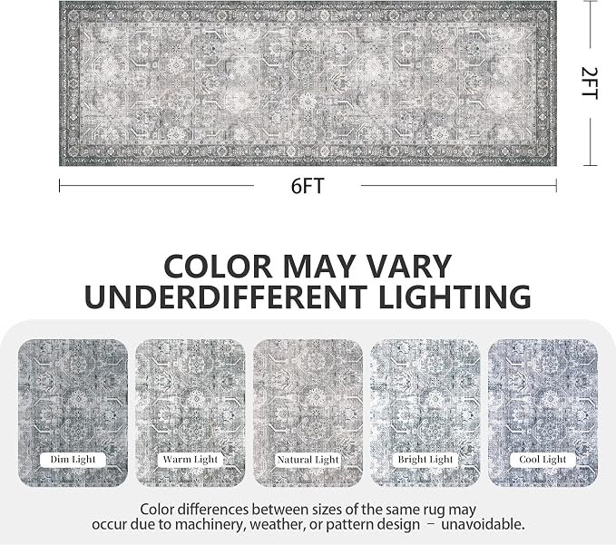 Runner Rug, Washable Non Slip Low Pile Kitchen Runner, Soft Boho Modern Rug for Hallways, Bedroom, 2x6, Distressed Grey