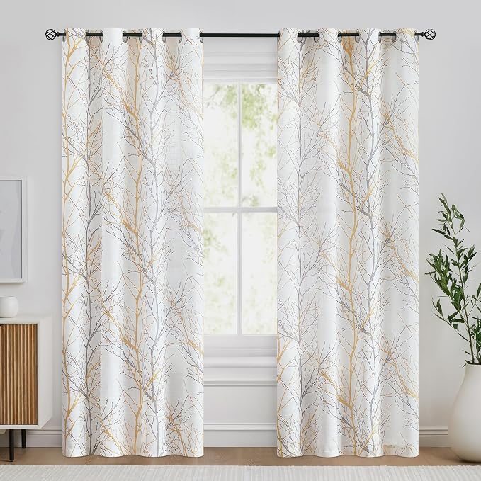 FMFUNCTEX Linen Yellow White Semi Sheer Print Curtains 96 Inch 2 Panels | Tree Branch Sheer Patterned Drapes, Light Filtering Grommet Panels for Bedroom, Living Room, Kitchen, and Farmhouse Curtain