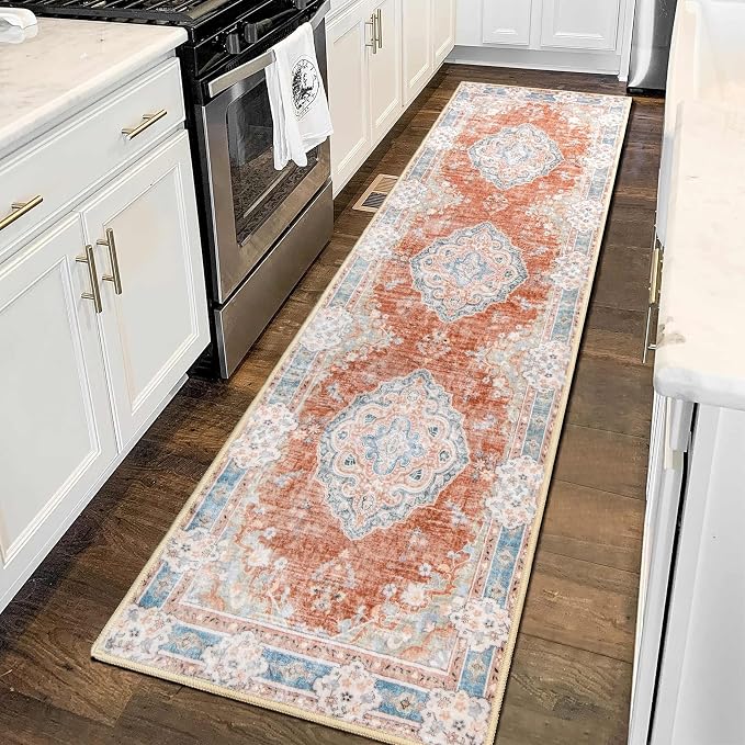 MUJOO Washable Runner Rug 2x8 Area Rugs Non Slip Low-Pile Flowers | Long Throw Carpet for Hallways Entryway Kitchen Bathroom Bedside Bedroom Laundry Boho Soft Indoor Floral Orange Navy Blue