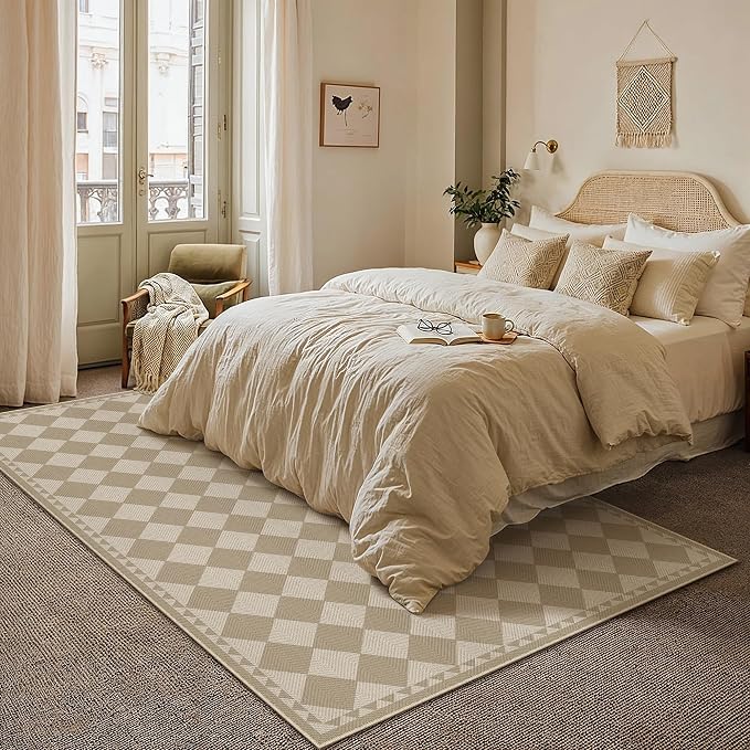 HUGEAR 5x8 Outdoor Rug Brown/Beige Linen-Look Fabric Checkered Area Rug High Traffic Stain Resistant Easy Clean Durable Rugs for Indoor/Outdoor Patio Deck Balcony Porch Garden Courtyard