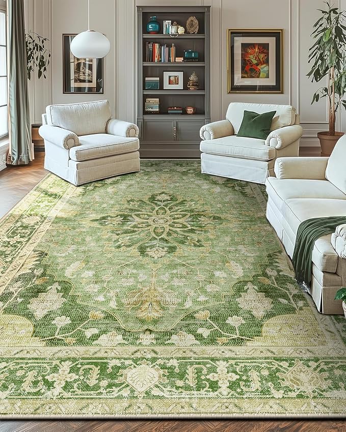 RELEANY Area Rugs Large 10'x14' Washable Non-Slip, Floral Vintage Distress Medallion Carpet for Living Room Bedroom Dining Room, Sage Green Yellow