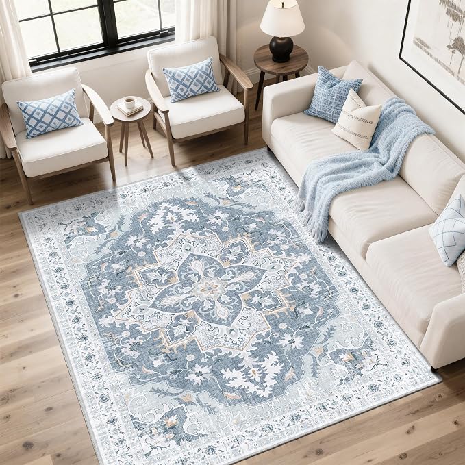 Area Rugs 5x7, Washable Rugs for Living Room, Soft Non-Slip Vintage Medallion Rug, Low-Pile Printed Blue Gray Rug for Bedroom, Dining Room, Nursery -Blue/Gray