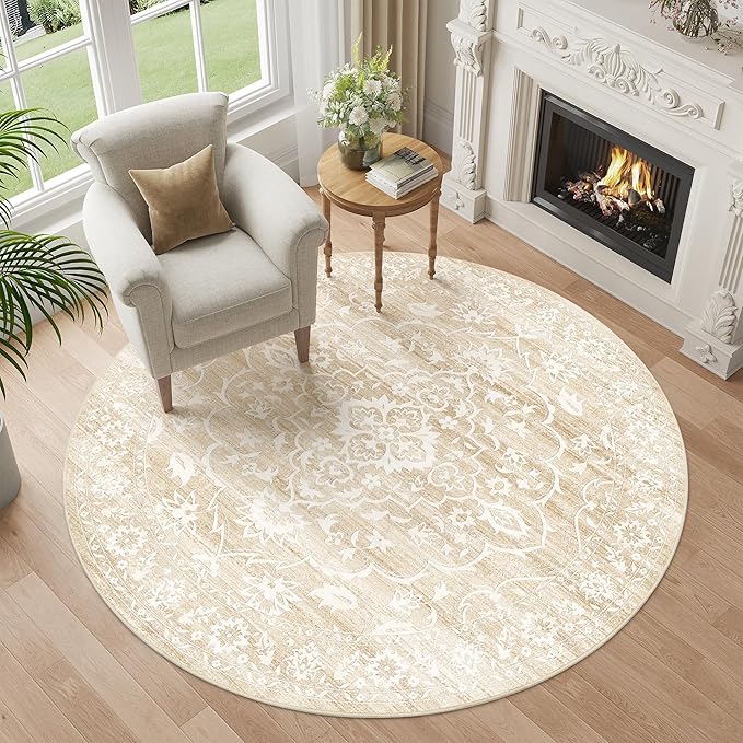 Soalmost Washable Round Rug 6ft for Living Room, Soft Circle Area Rug Beige | Vintage Floral Ultra-Thin Non-Slip Rugs, 6x6 Round Throw Carpet for Entryway Nursery Bedroom Kitchen Dining Room 6'Round