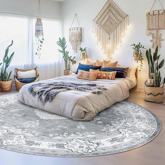 MUJOO Grey Round Rug 9ft,Circle Washable Area Rug Non Slip Low-Pile Floral | Large Circular Rugs for Living Room Bedroom Dining Room Boho Throw Carpet Soft Floor Indoor Vintage Bohemian Flowers