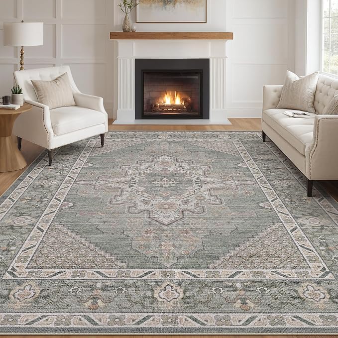 Tortania Area Rug Living Room Rugs - 10x14 Washable Boho Rug Vintage Oriental Distressed Farmhouse Large Thin Indoor Carpet for Living Room Bedroom Under Dining Table Home Office - Green Gray