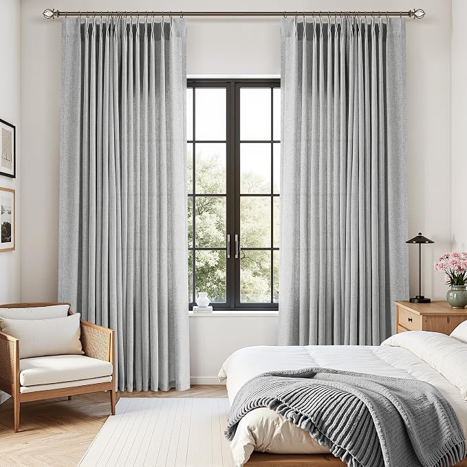 Aersas Light Grey Pinch Pleated Linen Curtains 84 Inch Length 2 Panels for Living Room Bedroom Semi Sheer Window Curtain Boho Neutral Back Tab Drape with Hooks 40x84
