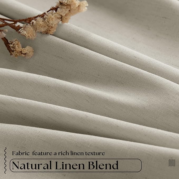 Oatmeal Pleated Linen 100% Blackout Curtains 90 Inches Long for Bedroom | Pinch Pleat Rings Hooks Back Tab, Black Out Thermal Insulated Room Darkening, Neutral Curtains with Liner, for Living Room