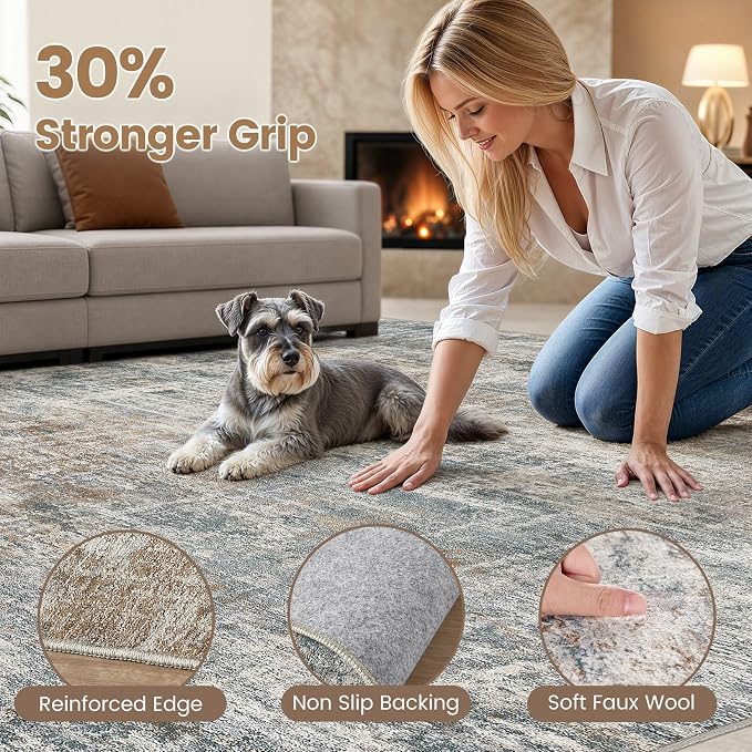 cotiled Washable 8x10 Area Rug for Living Room - Modern Abstract Carpet with Non-Slip Backing, Low Pile & Soft, Stain Resistant, Kid & Pet Friendly Decor for Bedroom & Dining Room - Blue Brown