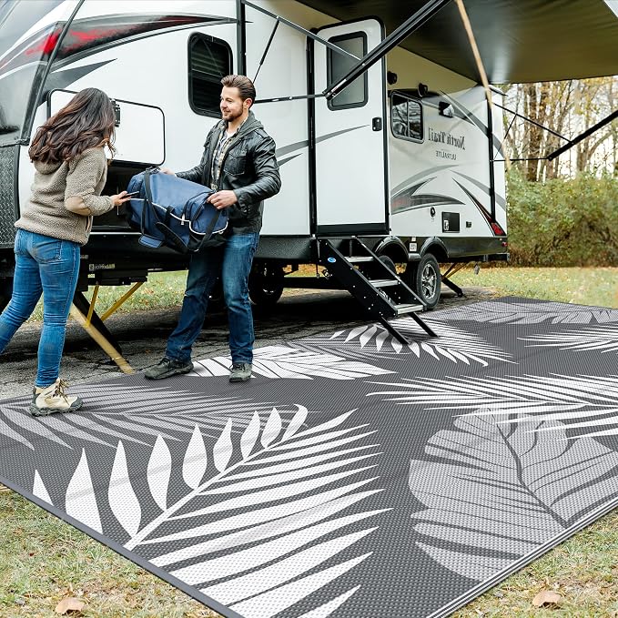 GENIMO Outdoor Rug, Waterproof Plastic Rugs 10'x20' for Camping Grey White | Outside Larger Leaf Carpet Mat for Patio Decor, RV, Porch, Camper, Deck, Picnic, Beach, Backyard, Reversible, Foldable