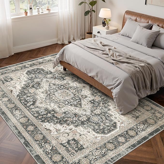 Roxstand 5x7 Washable Area Rug, Non Slip Low Pile Rug, Black/Beige | Non-slip Backing,Low Pile Carpet,Stain Resistant, Rugs for Living Room, Bedroom, Dining Room, Office