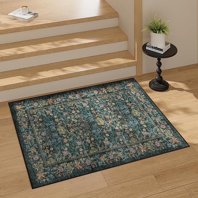 DUKINO 2x3 Entryway Rug, Washable Vintage Floral Area Rug, Blue | Non Slip, Low Pile, Non-Shedding, Soft Indoor Door Mat, Small Front Door Throw Carpet for Bathroom Kitchen Entrance Bedroom