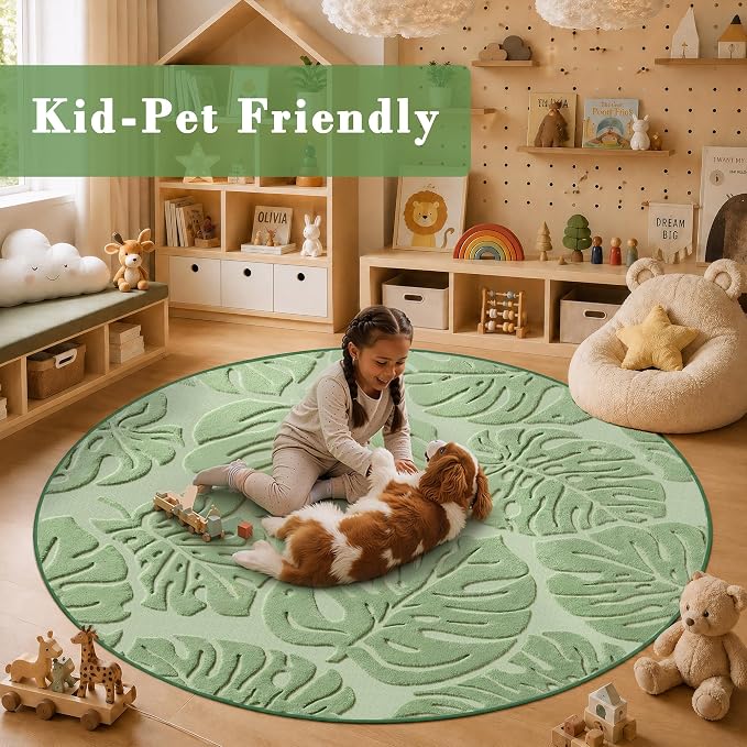 Sage Green Monstera Round Area Rug 6x6, High-Low Plush Pile Washable Rugs for Living Room Bedroom, Tropical Non Slip Nursery Carpet Soft Indoor Shag Rugs for Dining Room