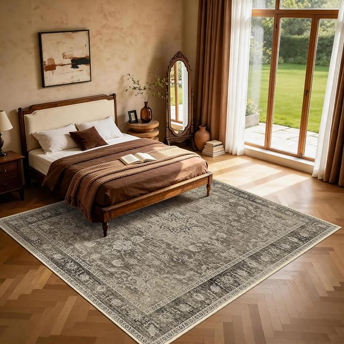 Living Room Rugs 8x10, Vintage Medallion Carpet for Bedroom, Brown | TTelephant Low Pile Indoor Area Rug for Dining Room with Non-Slip Silicone Backing, Non-Shedding Stain Resistant