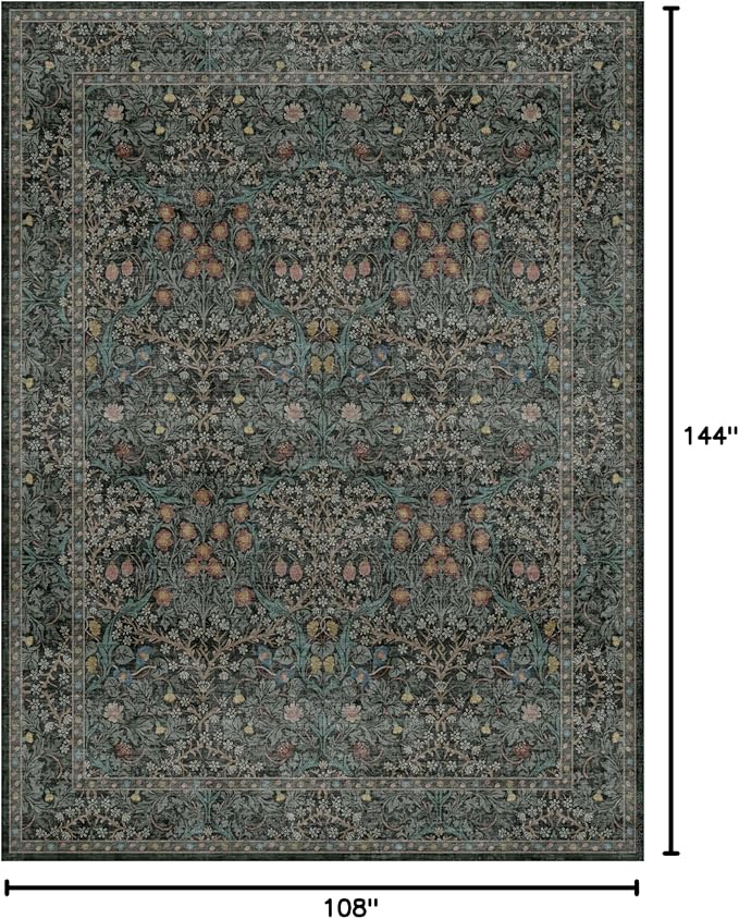 Washable Dark Green Rug for Living Room - 9x12 Large Area Rug for Dining Room Under Table, Bedroom, Soft Low Pile Non-Slip Stain Resistant Carpet - Vintage Floral Design (9x12 Dark Green)