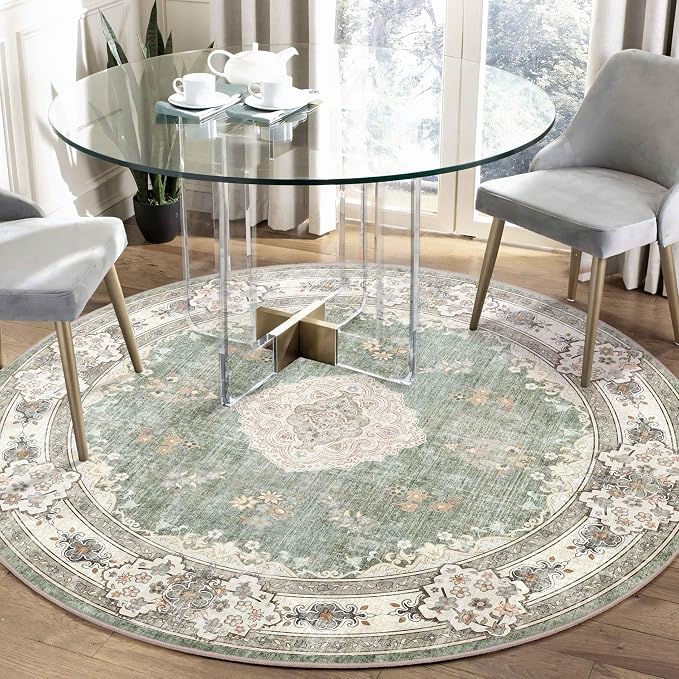 MUJOO Green Round Rug 5ft,Circle Washable Area Rug Non Slip Floral | Circular Rugs for Bedroom Living Room Dining Room Bathroom Boho Throw Carpet Low-Pile Soft Floor Indoor Flowers Sage Green