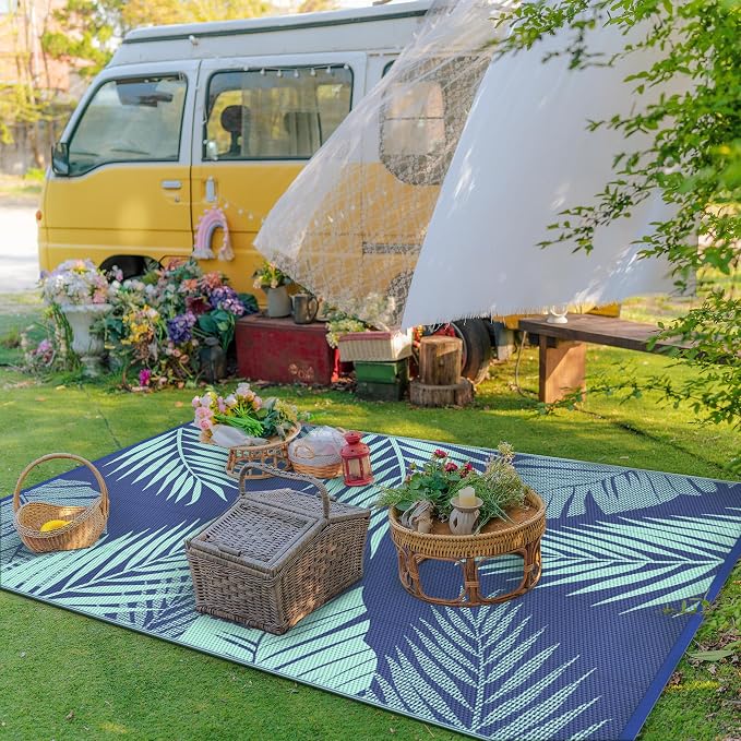 GENIMO Outdoor Rug, Waterproof Plastic Rugs for Patio, 5'x8' Navy Green | Outside Larger Leaf Carpet Mat for Porch Decor, Deck, Balcony, Camping, RV, Backyard, Picnic, Beach, Reversible, Foldable