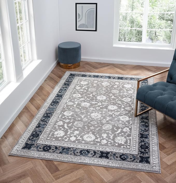 Amber Traditional Floral Area Rug for Living Room, 5x7 Vintage Persian-Inspired Blue Rug, Medium Pile Stain Resistant Carpet for Bedroom, Dining Room or Kitchen (5' x 7', Blue)