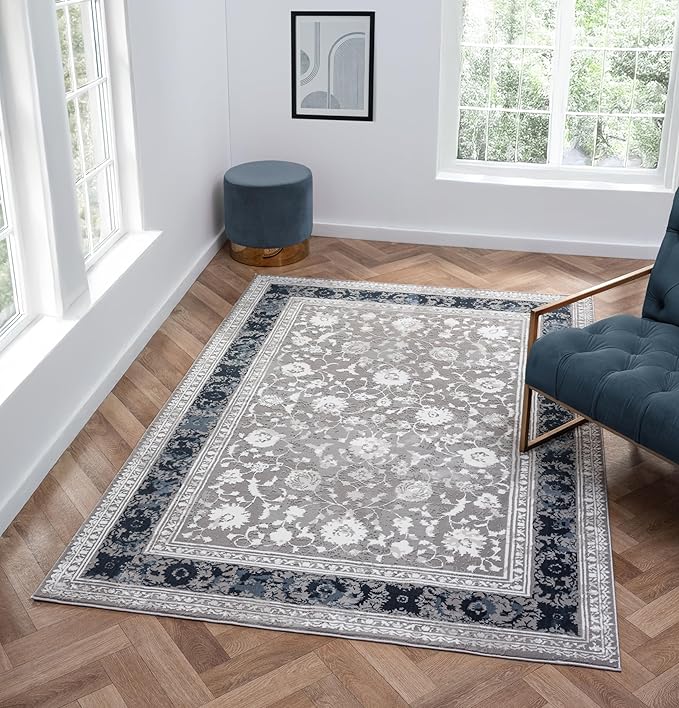 Amber Traditional Floral Area Rug for Living Room, 8x10 Vintage Persian-Inspired Large Blue Rug, Medium Pile Stain Resistant Carpet for Bedroom, Dining Room or Kitchen (8' x 10', Blue)