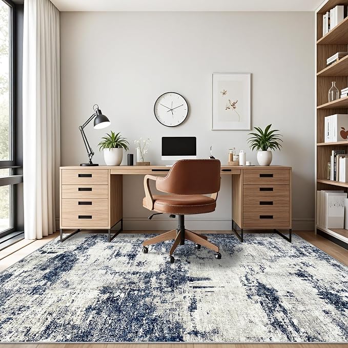 Washable Rug 6x9 Area Rugs: Soft Large Living Room Rug with Anti-Slip Backing Non-Shedding Stain-Resistant Modern Abstract Carpet for Bedroom Dining Room Nursery Home Office-Gray/Blue