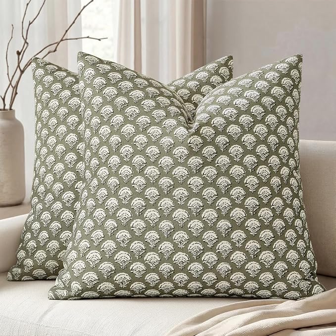 MIULEE Set of 2 Decorative Floral Euro Shams Pillow Covers Neutral Vintage Throw Pillows Block Print Boho Farmhouse Cushion Covers for Modern Home Decor Couch Bed Living Room, 26x26 Inch, Sage Green