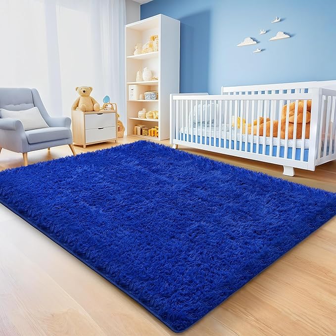 Blue Fluffy Shag Area Rug for Bedroom Living Room Boys Kids, 4x6 | Ultra Soft Comfy, Fuzzy Shaggy Plush Carpet for Nursery Girls Teen Dorm, Modern Indoor Home Decor, Upgrade Non-Slip