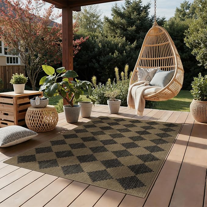 GENIMO Indoor Outdoor Area Rug 5'x8', Checkered Easy Jute Rug Machine Washable, Easy-Cleaning, Non Slip Geometric Outdoor Carpet for Patio, Living Room, Backyard, Porch, Deck, Balcony, Diamond Brown