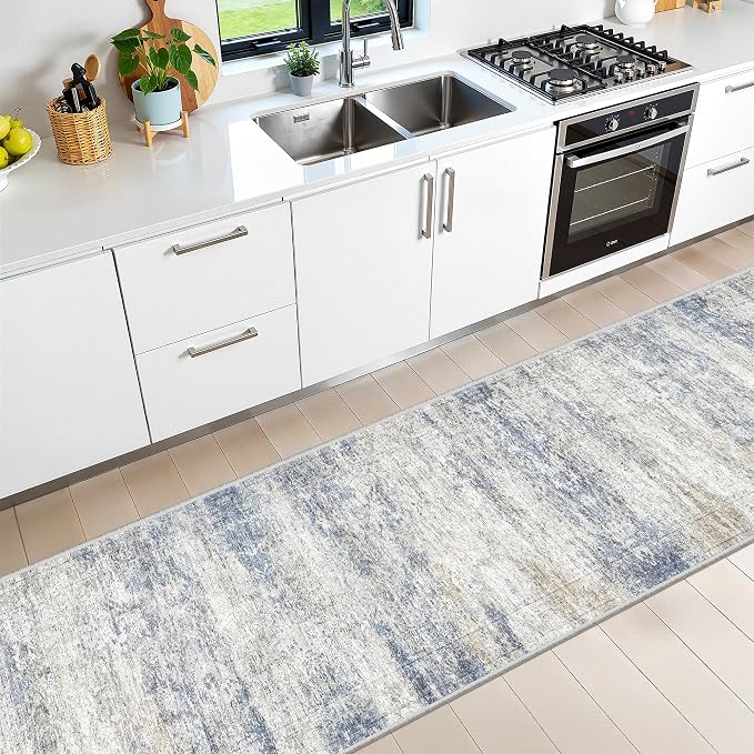 2x10 Runner Rug Non Slip,Washable Hallway Runner Rug,Blue | Long Neutral Rugs for Kitchen,Entryway,Bedroom,Bathroom,Laundry Room,Thin,Soft Runner Rug,Stain Resistant Indoor Carpet