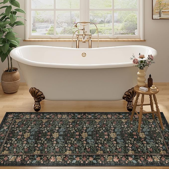DUKINO 2x5 Rug Runner, Washable Vintage Floral Bathroom Rugs, Black | Non Slip, Low Pile, Stain Resistant, Lightweight Soft Carpet Runner for Laundry Room Kitchen Hallway Bedroom, Non-Shedding