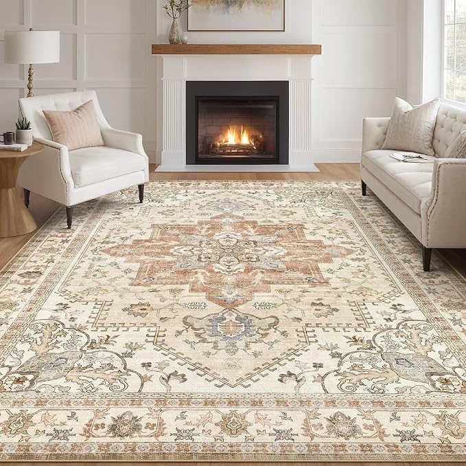 Tortania Area Rug Living Room Rugs - 9x12 Washable Boho Rug Vintage Oriental Distressed Farmhouse Large Thin Indoor Carpet for Living Room Bedroom Under Dining Table Home Office - Rust/Cream