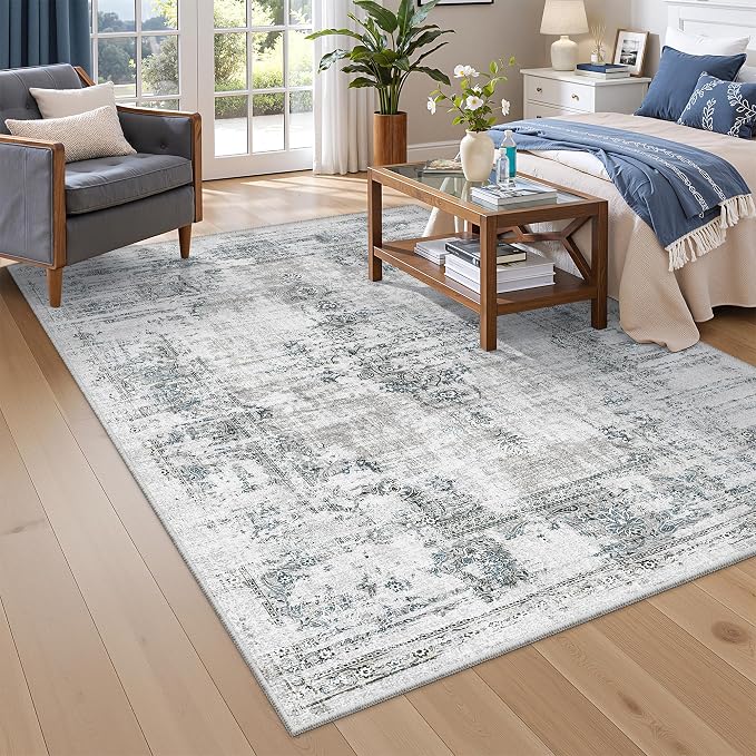 Madane 6x9 Area Rugs for Living Room, Machine Washable Vintage Rug with Non-Slip Backing, Soft Throw Large Rug, Thin Carpet for Bedroom Dining Room Farmhouse Under Table, Blue/Grey