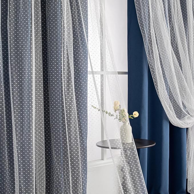 MYSKY HOME Navy Blue Blackout Short Curtains for Girls Bedroom & Nursery Kids Cute Curtains 63 inch Long Double Layer with Polka Dots Sheer, Grommet Tops, 52" Wide Each Panel, 2 Panels