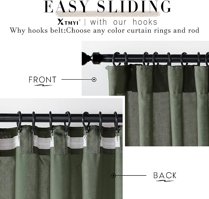 XTMYI 72 Inch Curtains Pleat,Boho Semi Sheer Curtains 72 Inches Long,Window Sheers French Door Curtain Drapes 72 in Length 2 Panel Set for Bathroom Shower Bedroom Living Room,6 FT,Olive Green
