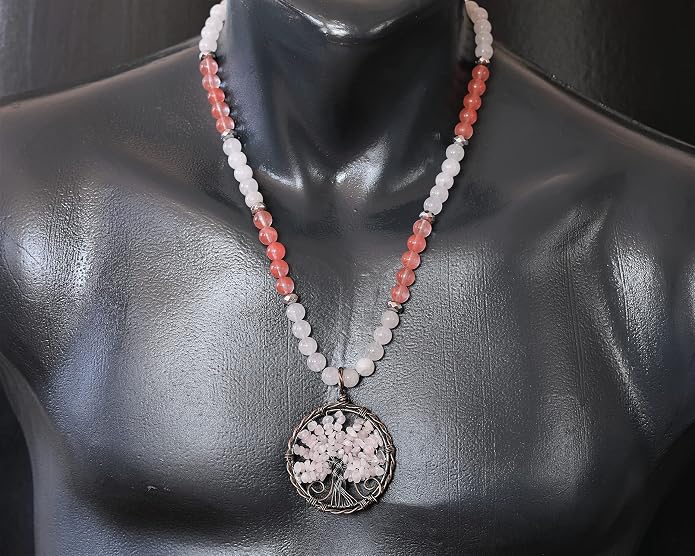 ElisaJewelryArt - Natural Amethyst Big Tree Of Life Pendant Selenite And Amethyst Stone Beaded Necklace Genuine Gemstone Healing Stone Clasp Closure Necklace Unisex Necklace