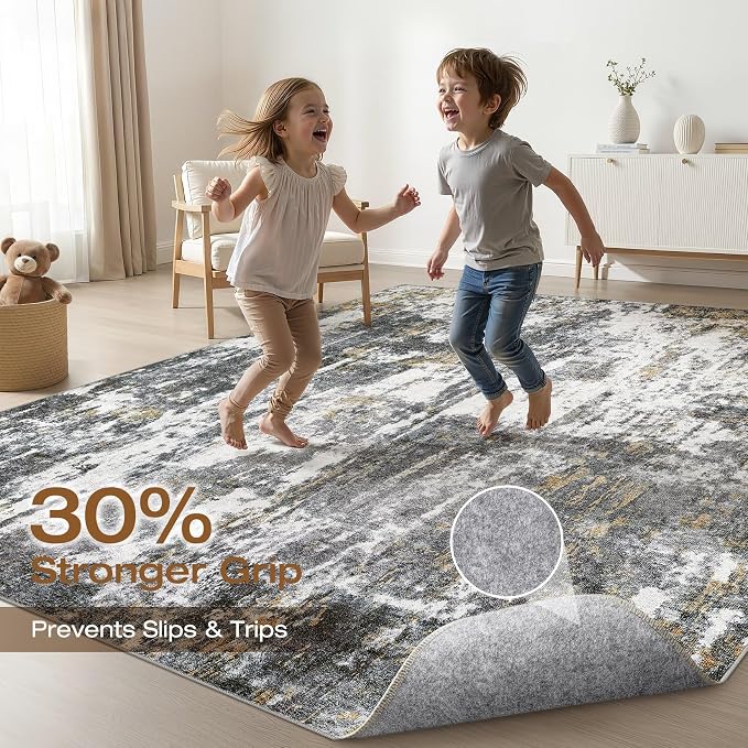 8x10 Area Rugs Living Room: Washable Large Neutral Rug Abstract Soft Modern Stain Resistant Indoor Floor Non-Slip Carpet for Bedroom Nursery Kids Office Playroom Dining Room- Black White Gold