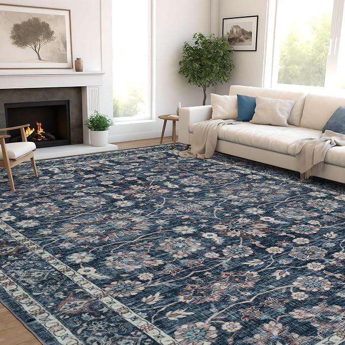 6x9 Vintage Washable Area Rug Blue | Living Room,Low Pile Non Slip Carpet Non-Shedding Soft Indoor Stain Resistant Rug Floral Print Mat for Bedroom Dining Room