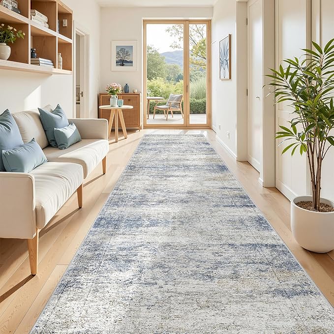 3x16 Runner Rug Non Slip,Washable Hallway Runner Rug,Blue | 16ft Runner Rug for Hallway,Entryway,Bedroom,Living Room,Thin,Soft, Extra Long Rug,Stain Resistant Indoor Carpet
