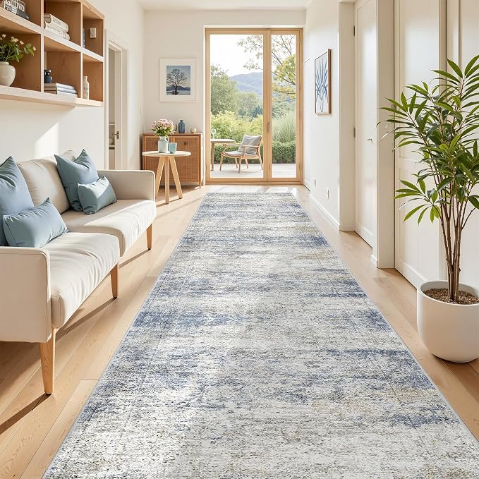 3x14 Runner Rug Non Slip,Washable Hallway Runner Rug,Blue | 14 ft Runner Rug for Hallway,Entryway,Bedroom,Living Room,Thin,Soft, Extra Long Rug,Stain Resistant Indoor Carpet