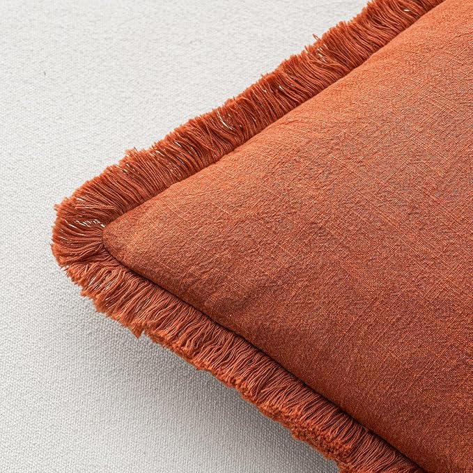 MIULEE Decorative Throw Pillow Covers Neutral Linen Fringe Throw Pillows Set of 2 Burnt Orange Boho Farmhouse Cushion Covers with Tassels for Couch Sofa Bed Living Room Fall Home Decor 22x22 Inch
