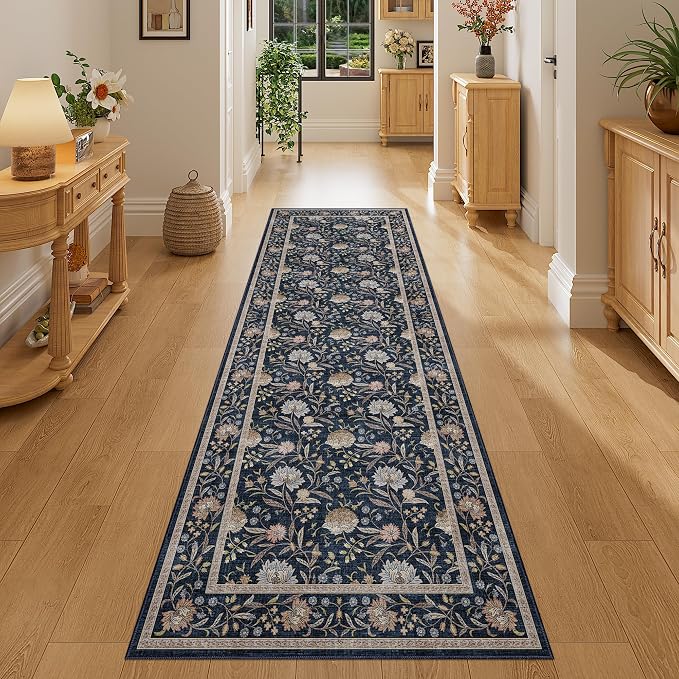 DUKINO 2x6 Runner Rug, Washable Vintage Floral Kitchen Rug, Navy Blue | Non Slip, Low Pile, Non-Shedding, Stain Resistant Soft Carpet Runner for Hallway Bathroom Entryway Bedroom Laundry Farmhouse